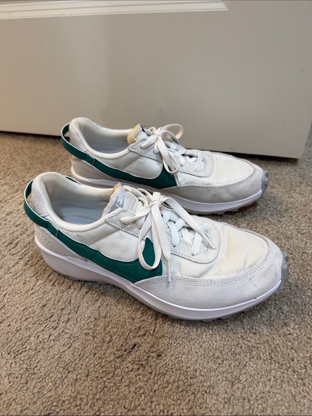 Nike Waffle Debut White Sneakers with Green Swoosh